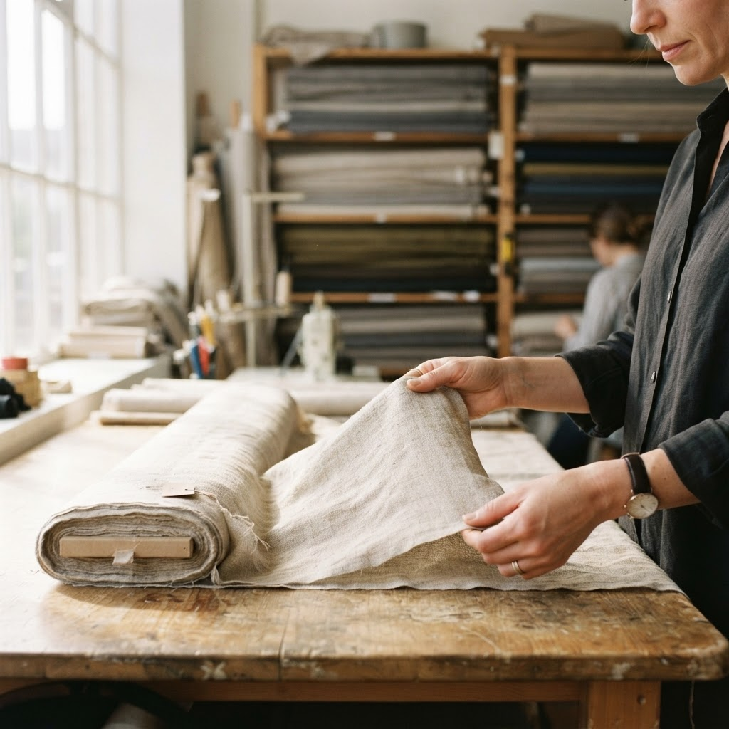 Hands inspecting the quality of natural fabric in a textile workshop